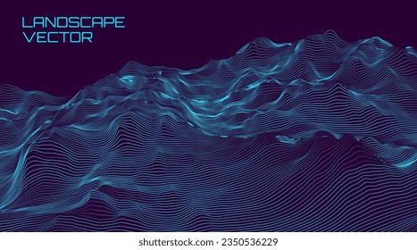 Abstract Digital Wireframe Landscape Wire Lines. 3D Topographic Map Background Concept. Geography Concept. Wavy Lines Backdrop. Space Surface HUD Design Element. Vector Illustration.