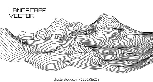 Resumen de las líneas de alambre panorámico del marco alámbrico digital. Concepto De Fondo Del Mapa Topográfico 3D. Concepto geográfico. Fondo de líneas onduladas. Elemento de diseño del HUD de superficie espacial. Ilustración vectorial.