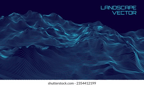 Abstract Digital Wireframe Landscape Wire Lines. 3D Topographic Map Background Concept. Geography Concept. Wavy Lines Backdrop. Space Surface HUD Design Element. Vector Illustration.