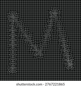 Abstract Digital Wireframe Letter M with Distorted Grid Pattern on Black Background, Mesh Typography Design.