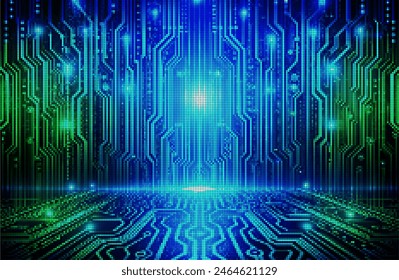abstract, digital world, circuit board, cybernetic space, blue and green shades, vertical lines, patterns, data streams, dark background, glowing elements, depth, bright light, futuristic, technologic