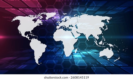 Abstract digital world map with glowing lines and blue background. Vector illustration.
