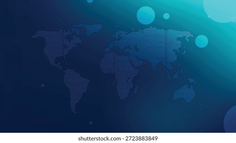 Abstractas mapa del mundo digital renderizado con puntos azules y un fondo degradado, con Elementos circulares borrosos, ideal para ilustrar redes globales, negocios y comunicación tecnológica