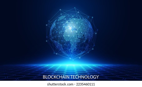 Abstract digital world and perspective digital connection network concept blockchain technology digital finance decentralized defi cryptocurrencies On a blue background, modern, futuristic, hi-tech.