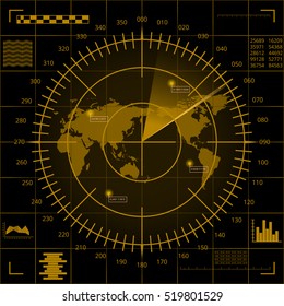 Pantalla de radar digital amarillo abstracta con mapa del mundo, objetivos e interfaz de usuario futurista sobre fondo negro.