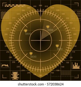 Abstract digital yellow radar screen of heart shape with targets and futuristic user interface on dark background. Valentine's Day backdrop