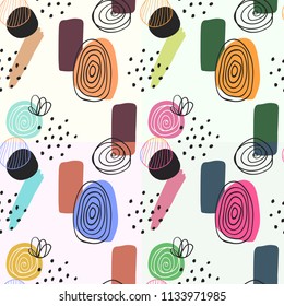 Abstract digitally hand drawn seamless pattern in simply beautiful scandinavian style. Set of 4 wallpapers. Colorful ornaments on light background. Pattern for fabric and textile designs.
