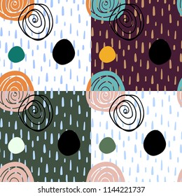 Abstract digitally hand drawn seamless pattern in simply beautiful scandinavian style. Set of 4 wallpapers with random shapes. Colorful ornaments. Pattern for fabric , textile and surface designs.