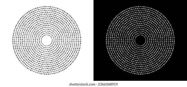 Dígitos abstractos ONE y ZERO en círculo sobre fondo oscuro. Big data o concepto de internet. Una figura negra en un fondo blanco y una figura igualmente blanca en el lado negro.