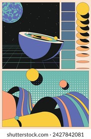 Abstract Dimension Poster, Geometric Shapes, Retro Colors. Abstract Space Illustration 