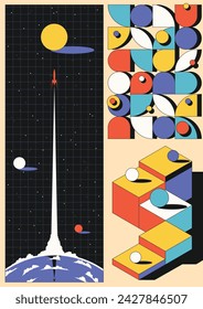 Abstract Dimension Poster. Geometric Shapes, Retro Colors. Space Rocket starts, Earth and Stars. Abstract Space Illustration 