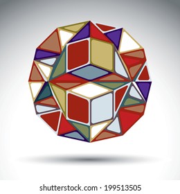 Abstract dimensional sphere with kaleidoscope effect. Stylish orb constructed from colorful geometric figures squares, triangles and rhombs.