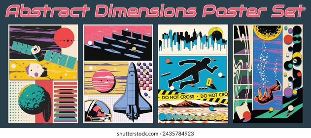 Abstract Dimensions 3D Effect Poster Templates, Spacecraft, Probe, Astronauts, Planets, Asteroids, 1980s Colors