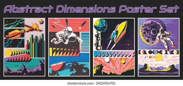 Abstract Dimensions Poster Set. Space, Spacecraft, Astronauts, Planets, Asteroid, 3D Effect Geometric Shapes