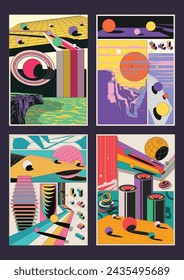 Abstract Dimensions Poster Set. Space, Saturn, Planets, Alien Landscape. 3D Effect Geometric Shapes, 1980s Colors