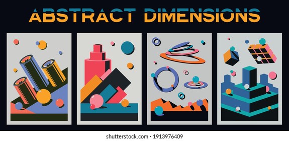 Abstract Dimensions, Psychedelic Abstract Illustration Set, Geometric Shapes 