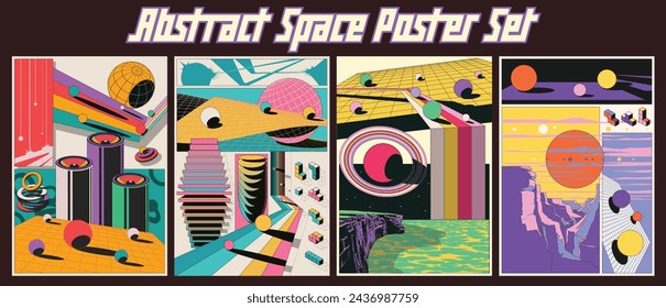 Abstract Dimensions Space Poster Set. Saturn, Stars, Alien Landscapes, Geometric Shapes, 1980s Colors, Abstract Surfaces 