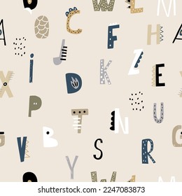 Abstract dino abc cartoon seamless pattern. Cute dino style letters beige background. Perfect for wallpaper, textile, apparel. Vector illustration