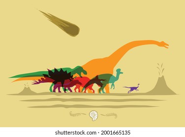 Abstract Dinosaurs And Fossils With Asteroid And Volcanic Eruption Events. Editable Clip Art.