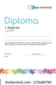 Abstract diploma template with rainbow puzzles. Modern minimalistic diploma design. This is a diploma of the winner of creative, psychological, educational events.