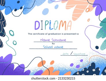 Abstract diploma template for school and kindergarten kids. Childish certificate background with modern creative frame decoration. Childs graduation document. Colored flat vector illustration