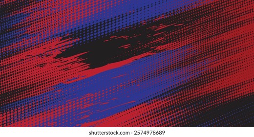 Abstract Dirty blue red black Grunge Background with Halftone Effect. Sports Background with red blue Brush

