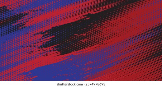 Abstract Dirty blue red black Grunge Background with Halftone Effect. Sports Background with red blue Brush

