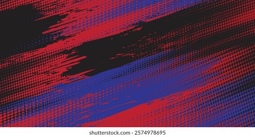 Abstract Dirty blue red black Grunge Background with Halftone Effect. Sports Background with red blue Brush

