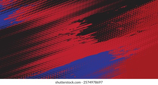 Abstract Dirty blue red black Grunge Background with Halftone Effect. Sports Background with red blue Brush

