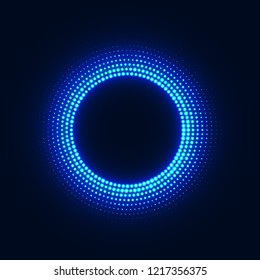 Abstract disco background with neon glowing circle halftone ornament. Template retro background with glitter dotted pattern. Vintage cover decorative vector design element.