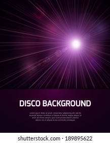 Abstract disco background with spot light, bright rays and place for text.