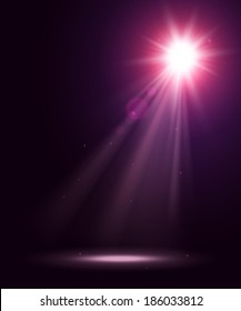 Abstract disco background with spot lights and bright rays. 