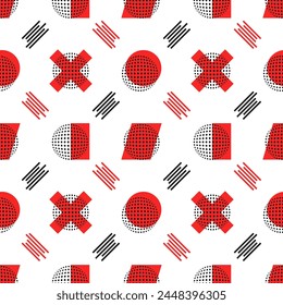 Abstract disco ball, shapes and dots, stripes in Memphis style seamless trendy, modern pattern. Beautiful red and black colors