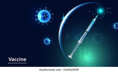 Abstract The discovery of new viruses, bacteria, germs Concept of preventive vaccine by syringe on a blue background.