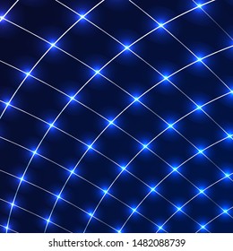 Abstract distort squares lines grid pattern with circles laser light on blue background technology concept. Geometric template design for cover brochure, banner web, presentation, etc. Vector