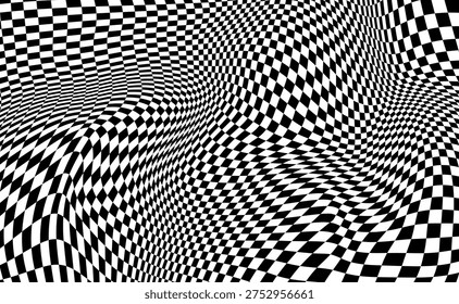 Abstract distorted black and white checkered pattern. Optical illusion wallpaper. Psychedelic wavy checkerboard, curved surface. Trippy rhombus or square checkered background. Vector illustration