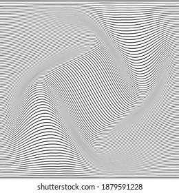 Abstract distorted composition. Warping black stripes over white create crumpled surface or fabric with folds. Simple and minimal.