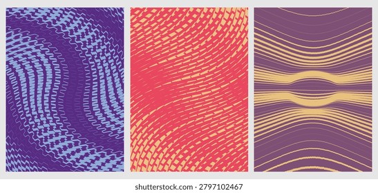 Abstract Distorted Dashed Lines Modern Posters Set. Vector Illustration of Retro Wavy Line Grid Backgrounds, Optical Illusion Distortion Textures, and Creative Album Cover Templates.