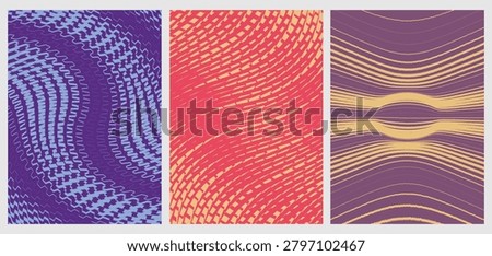 Abstract Distorted Dashed Lines Modern Posters Set. Vector Illustration of Retro Wavy Line Grid Backgrounds, Optical Illusion Distortion Textures, and Creative Album Cover Templates.