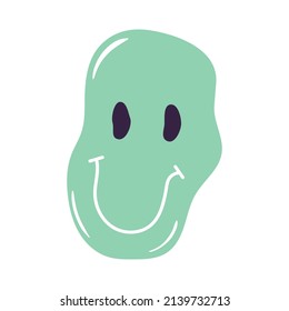 Abstract distorted emoji element. Melting groovy face with smile. 70s, 80s, 90s vibes sticker. Psychedelic vector illustration for design and print