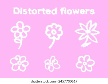 Abstractas flores distorsionadas. Gráfica floral retro con efecto grunge. juego de Vectores