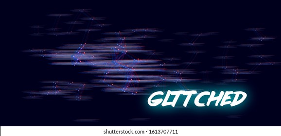 Abstract distorted glitch background. Glitched glowing plexus structure in a style of 80's. Wallpaper in a cyberpunk style. Creative graphic design for poster,brochure,flyer and card.