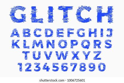 Abstract distorted glitch font. Trendy style lettering typeface. Old television screen distortion and digital pixel effect. Latin alphabet from A to Z and numbers from 0 to 9. Vector illustration.