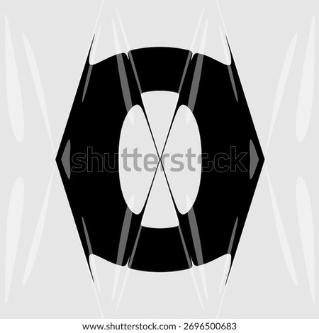 Abstract distorted number 0 with liquid glass refraction effect. Modern black and white design featuring bold typography warped through optical distortion and glossy prism reflections.