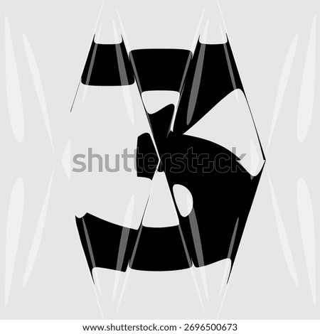 Abstract distorted number 3 with liquid glass refraction effect. Modern black and white design featuring bold typography warped through optical distortion and glossy prism reflections.