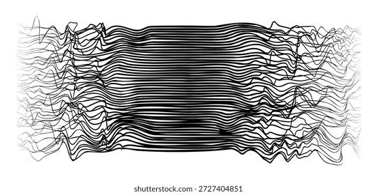 Linhas de onda distorcidas abstratas formando um campo preto e branco dinâmico.