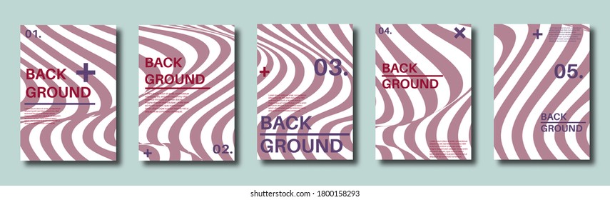 Abstract distortion line backgrounds. Striped wave backdrops. Wavy Op art covers. Halftone flyers, cards, posters. Vector illustration.  