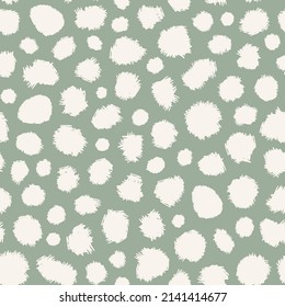 Abstract, distracted polka dot seamless repeat pattern on sage green background. Random placed, irregular vector grunge stains minimal all over print.