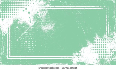 Abstract distressed background in mint green color with halftone dots grunge textures and frame for modern design applications.