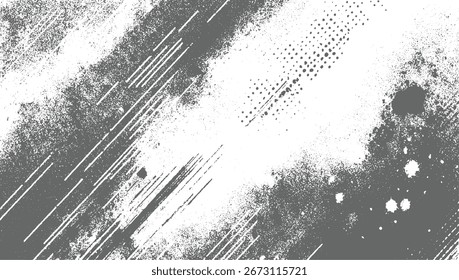 Abstract distressed grunge texture with gray and white tones featuring diagonal lines and scattered dots.